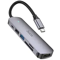 Type-C hub хаб адаптер перехідник 6-в-1 HOCO HB28 |Type-C to HDMI+PD+USB3.0+USB2.0+SD+TF| Сірий