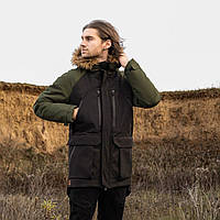 Мужская зимняя парка хаки с черным до -28*С с мехом | Зимняя удлиненная куртка с капюшоном (My)