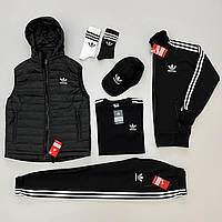 Мужской спортивный костюм Adidas 7в1 черный | Комплект Адидас жилетка + кофта + штаны + шорты и кепка (My)