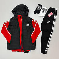 Мужской спортивный костюм Adidas красный с черным осенний | Комплект Адидас кофта + штаны + жилетка (My)