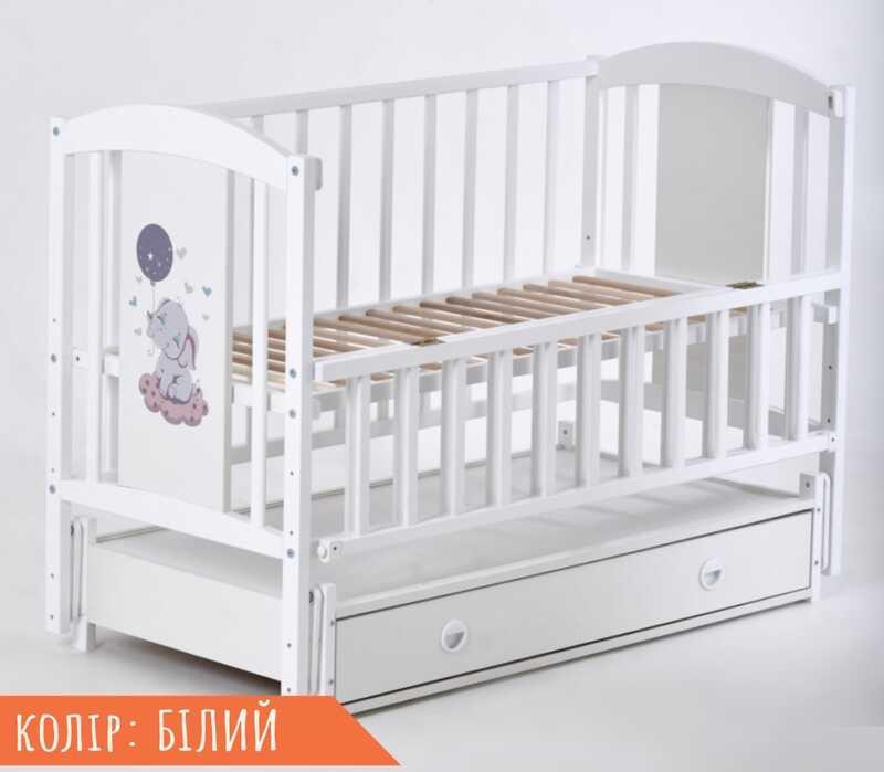 Ліжко дитяче ЛІЛІ "Слоник" (1) шарнір-підшибник з відкидною боковиною+шухляда, (білий)