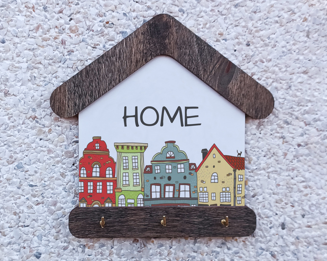 Ключниця дерев'яна настінна на 3 гачка зі стилізованим принтом "HOME" 18*18 см.