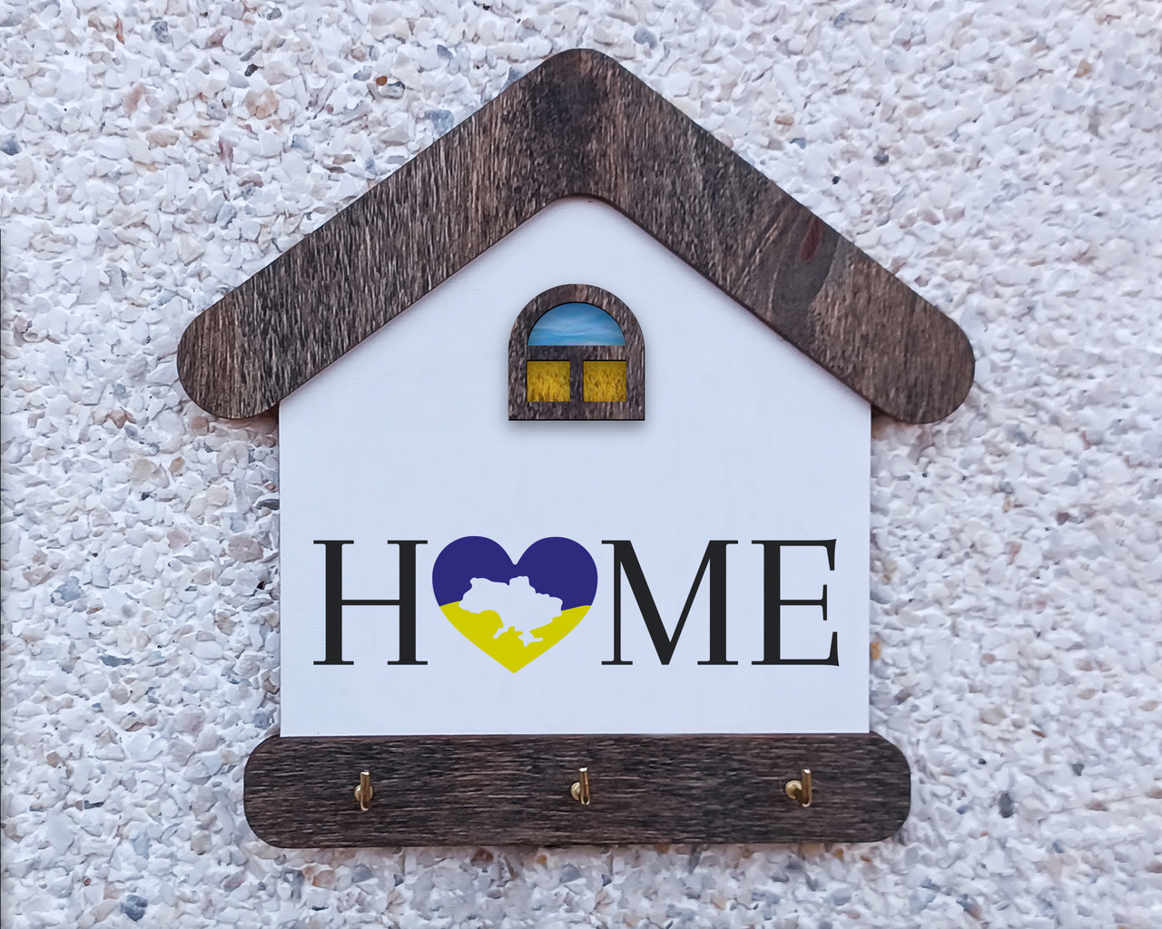 Ключниця дерев'яна настінна на 3 гачка зі стилізованим принтом "HOME" 18*18 см.
