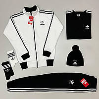 Мужской зимний спортивный костюм Adidas белый с черным Адидас набор 5в1 свитшот + штаны + футболка + шапка