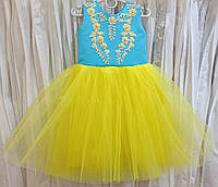 Патриотичное желто-голубое нарядное детское платье-маечка Украина с ручной вышивкой бисером на 3-4 годика