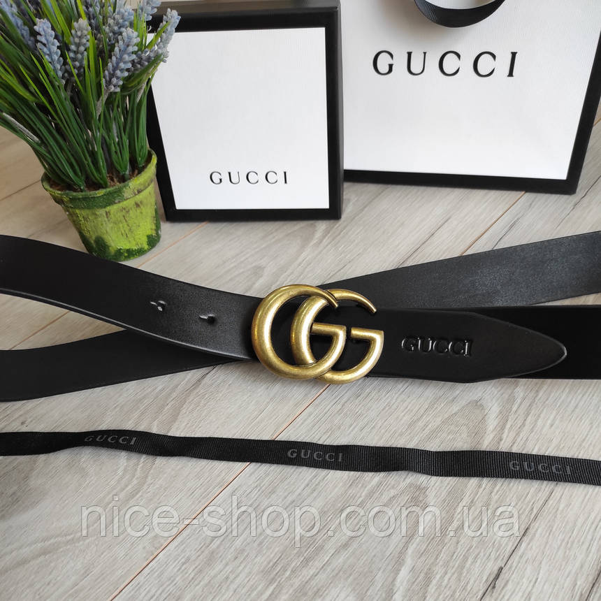 Ремінь Gucci шкіряний чорний з золотою пряжкою, фото 1