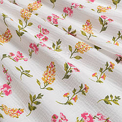 Двошаровий жатий муслін "Помаранчеві та рожеві квіти", ширина 135 см