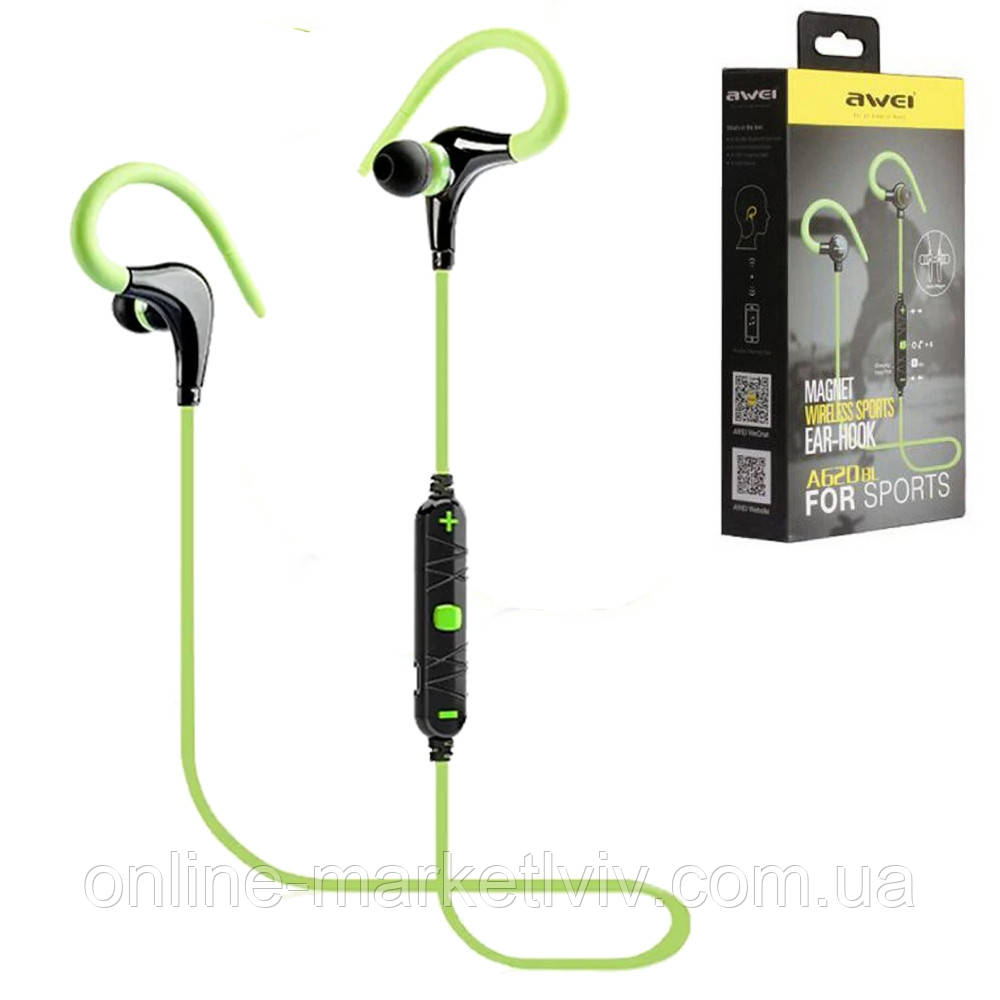 Бездротові навушники з Bluetooth, MDR A620BL+BT AWEI, Зелені / Вакуумні навушники з мікрофоном для спорту