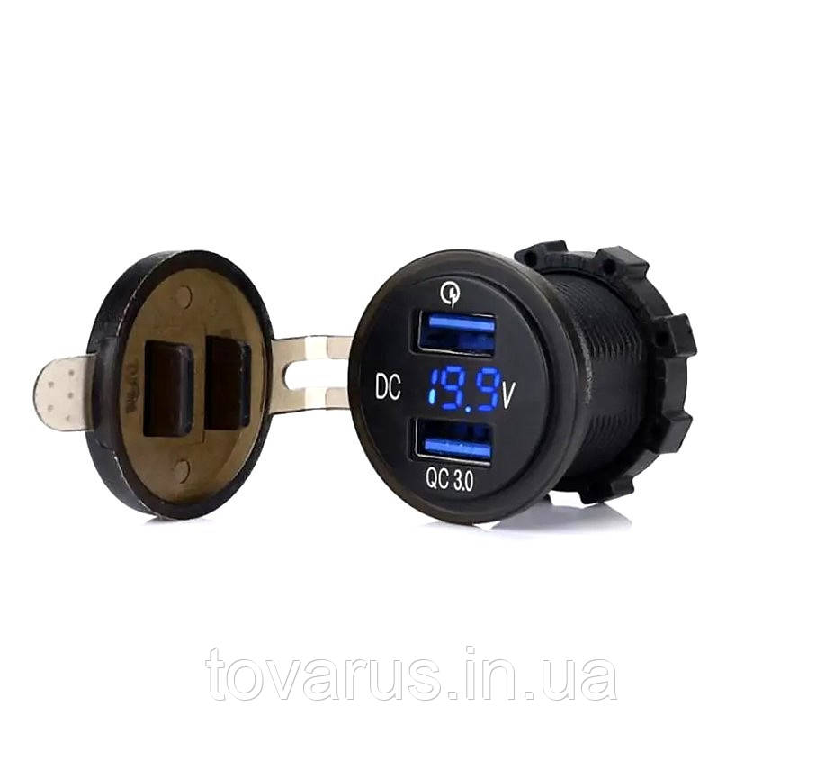 Автомобільна зарядка врізна USB QC 3.0 з вольтметром в прикурювач, фото 1