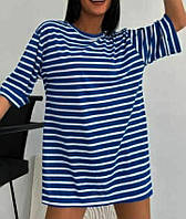 Удлиненная футболка женская трикотаж, летняя туника в полоску для женщин (с разрезом)