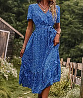 Женское платье с коротким рукавом голубое в горошек шифоновое