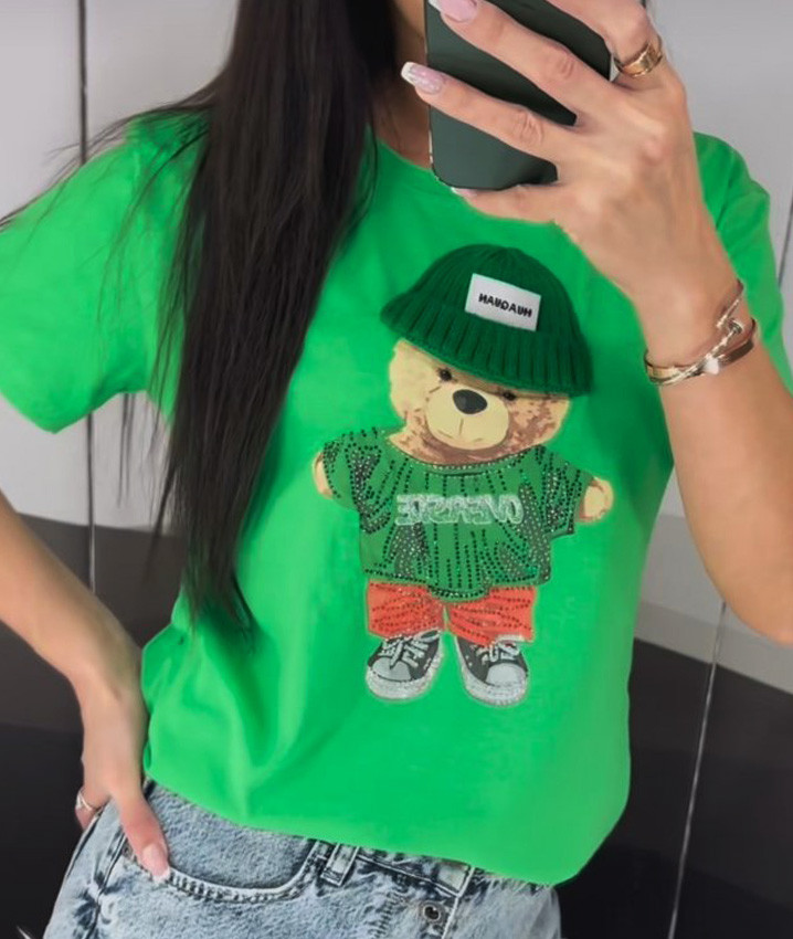 Трикотажна футболка жіноча з ведмедиком (зелена) Туреччина, бавовняні жіночі футболки