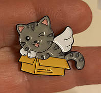 Брошь брошка значок пин серый кот кошка котенок кошеня ангел металл эмаль в коробочке