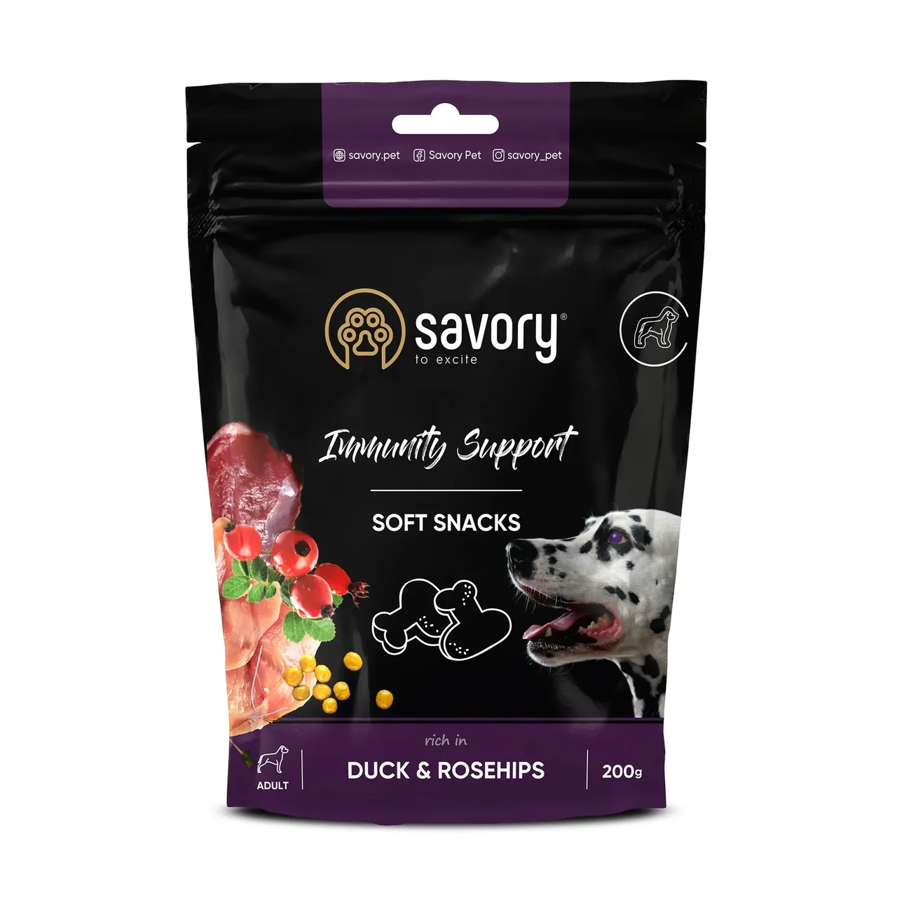 Ласощі для собак Savory для зміцнення імунітету 200 г (качка та шипшина)