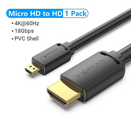 Кабель HDMI-microHDMI v.2.0 Vention Metal GND 4K 60 Hz 18Gbps HDR Video Dolby Audio 3m Black (AGIBI), фото 2