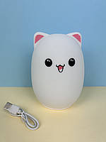 Детский силиконовый ночник светильник в виде кошки с розовыми ушками Cutte bear MJ-010, белый