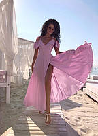 Нарядное летнее женское платье длинное в пол на бретелях завязках с глубоким декольте персик