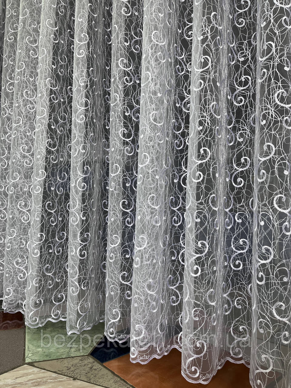 Гарна біла тюль. Ошатна тюль у зал. Красива турецька тюль. Стильна тюль. Сучасна тюль. Ніжний тюль, фото 1