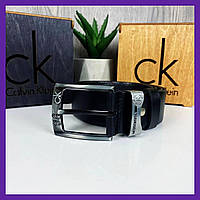 Брендовый кожаный мужской поясной ремень в стиле Кельвин Кляйн черный, ремень Calvin Klein натуральная кожа