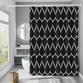 Шторка для ванни водонепроникна Bathlux 180x180 см з гачками, фіранка для ванної, Чорна з малюнком