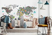 Фото обои для детской комнаты девочке 368 x 280 см Карта мира с животными (13814P10)+клей