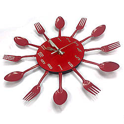 Настінний годинник на кухню Ложки-вилки "ChocoPie" — чудова прикраса для кафе та кухні (Метал, 30 х 30 см) Червоний