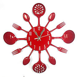 Настінний годинник на кухню Ложки-вилки "Strainer" — вражальна прикраса для кафе та кухні (Метал, 35 х 35 см) Червоний