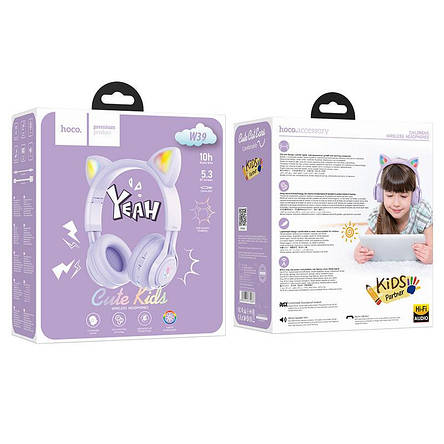 Навушники Bluetooth Hoco W39 Cat ear kids BT ( обмежена гучність 85 дБ ) Purple ( Уцінка, розкрита ), фото 3