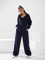 Теплий жіночий спортивний костюм, оверсайз-худі на блискавці та штани палаццо.Колір синій.