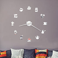 Настінний годинник 3D Великий "Espressoze" — 3D-годинник самоклеючий з дзеркальним ефектом, діаметр 60-130 см, стрілки 31/39 см