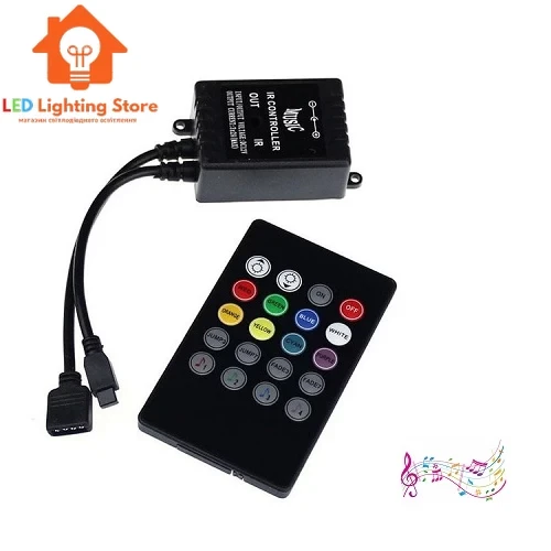 Музичний RGB контролер 6A, 12-24V, з пультом IR, для світлодіодної RGB стрічки, 3 канали по 2А, фото 1
