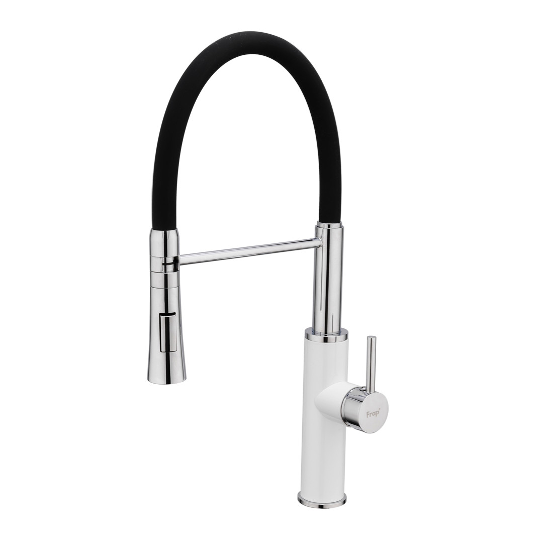 Змішувач для кухні Frap F4452-8 з гнучким виливом, 2 режими, біло/чорний, фото 1