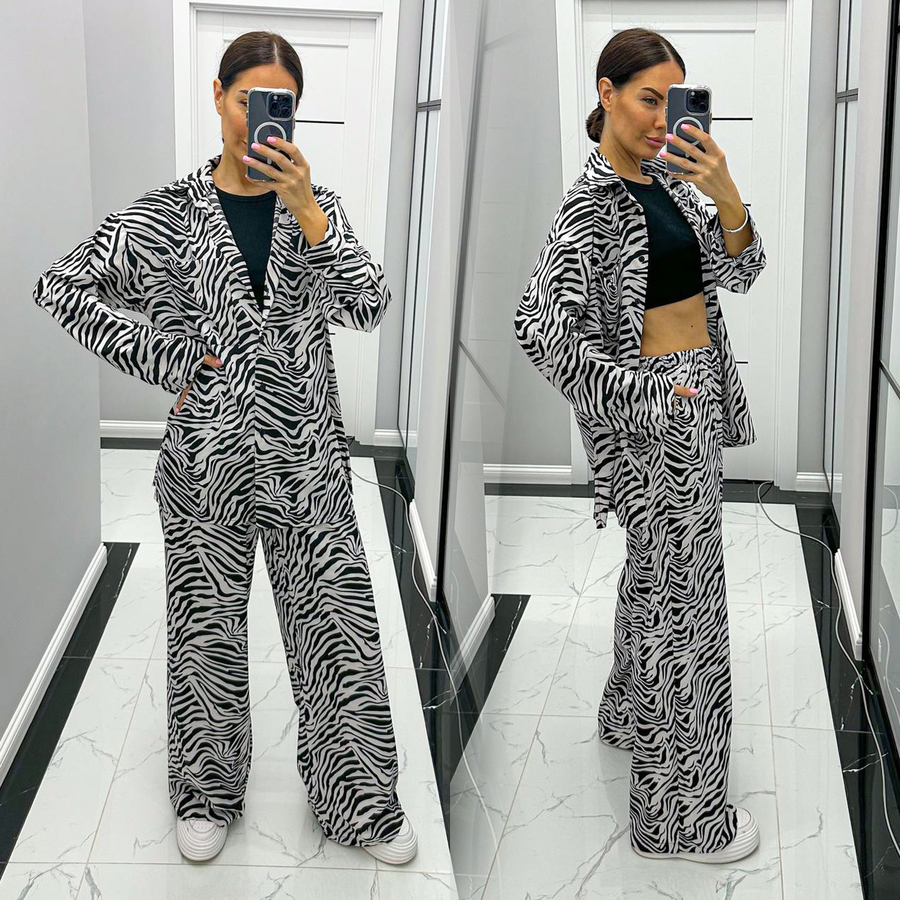 Жіночий прогулянковий костюм у стилі оверсайз із софту принт зебра, фото 1