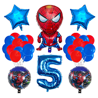 Набор воздушных шаров с фольгированной фигурой Человек Паук, фотозона Спайдермен с синей цифрой 5