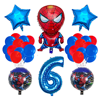 Набір повітряних куль з фольгованою фігурою Людина Павук, фотозона Спайдермен з блакитною цифрою 6