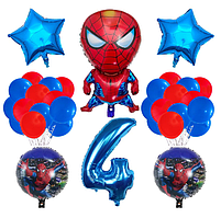 Набір повітряних куль з фольгованою фігурою Людина Павук, фотозона Спайдермен з блакитною цифрою 4