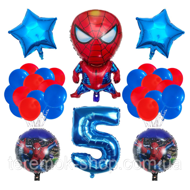 Набір Павук людина з фольгованої фігури і синій цифрою 5, фотозона з повітряних куль Спайдермен