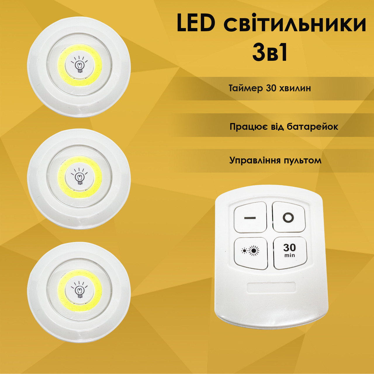 Світлодіодний LED світильник/нічник з пультом, набір із 3 світлодіодних світильників на батарейках