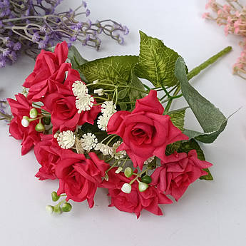 Штучні квіти. Букет троянд Патіо з гіпсофілою, червоний. 8 голів