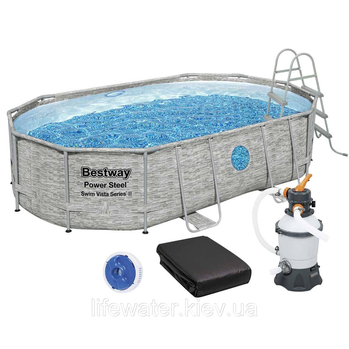 Bestway Каркасний басейн Bestway 56946 (488х305х107 см) з пісочним фільтром, драбиною та захисним тентом