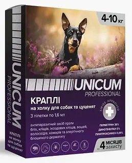 Капли от блох и клещей на холку для собак Unicum PRO 4-10 кг (перметрин) Ціна за 1 піпетку