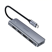 USB-хаб Ugreen CM219 USB Type-C to USB 3.0 hub 15см портативный тонкий 4-портовый концентратор Black (70336)