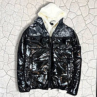 Куртка зимняя черного цвета с розами лаковая 7-377