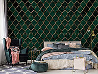 Флизелиновые фото обои с рисунком плитки 254 x 184 см Узор Темно-зеленый марокканский клевер (13825V4)+клей