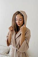 Женский вафельний халат з капюшоном цвет беж S M L XL