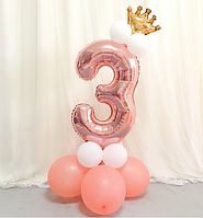 Фольгированная цифра 3 на воздушных шарах, цифра розовое золото фольга