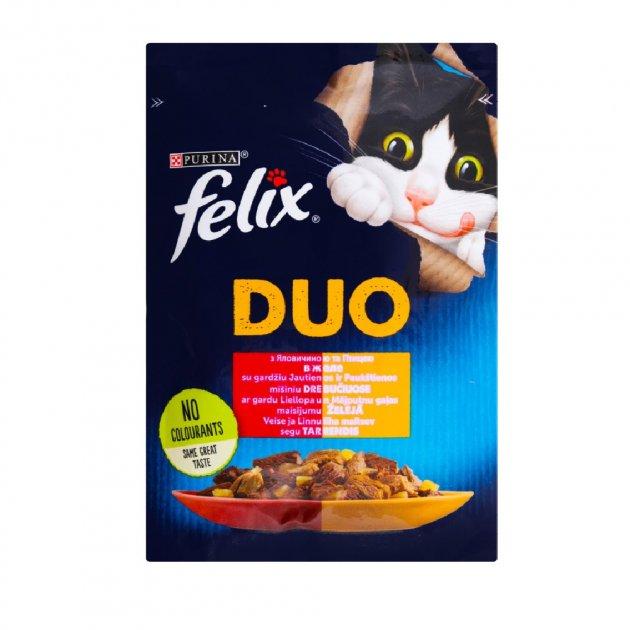 Вологий корм для кішок Purina Felix Fantastic Duo з яловичиною та птицею шматочки в желе 85 г (7613287027597)