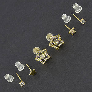 Серьги гвоздики пуссеты набор 6 шт на два уха лимонное золото с кристаллами разного размера метал 925 S звезды