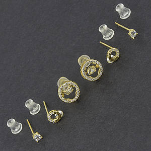 Серьги гвоздики пуссеты набор 6 шт на два уха лимонное золото с кристаллами разного размера метал 925 S круги