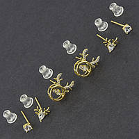 Сережки гвоздики пузети набір 6 шт. на два вуха лимонне золото з кристалами різного розміру метал 925 S ріжки